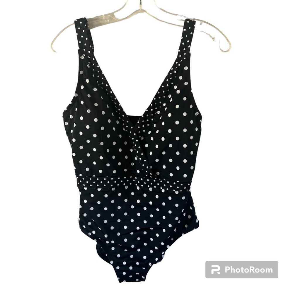 Jantzen, one piece, black white polka dot swimsuit, size 12, never worn w/ tags